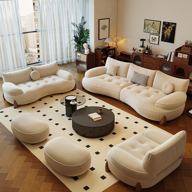 现代简约奶油风复古民宿公寓直排弧形客厅乳胶猫抓皮沙发酒店大堂