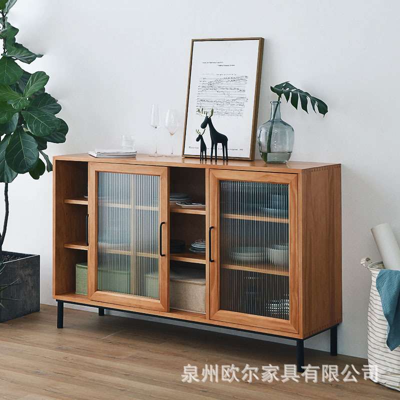 现代简约实木餐边柜客厅玄关储物矮柜餐厅厨房玻璃移门收纳碗柜