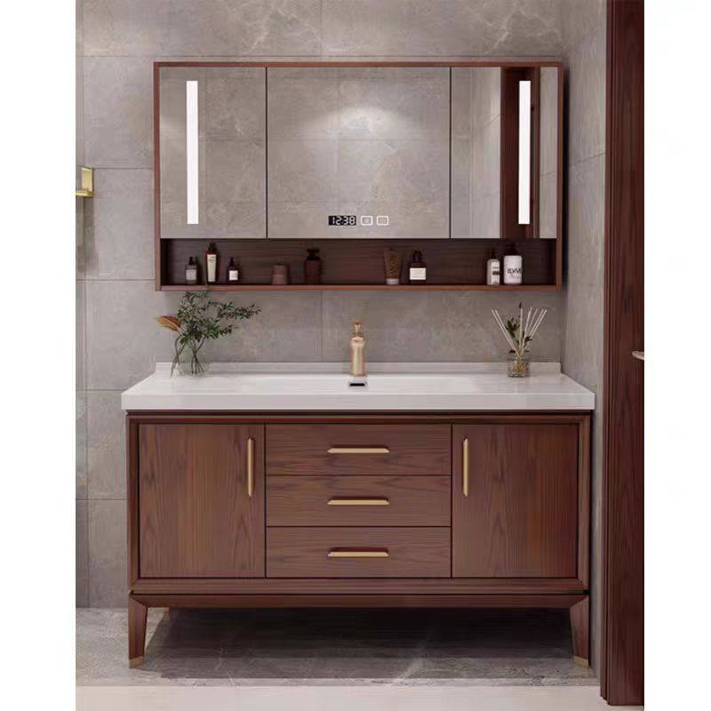 新中式红橡木浴室柜组合一体陶瓷盆落地式卫生间智能镜柜支持批发
