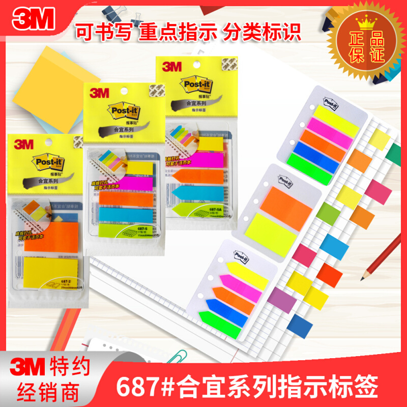 报事贴合宜指示标签荧光塑料分类归档便利贴签可穿孔687-2/5/5A