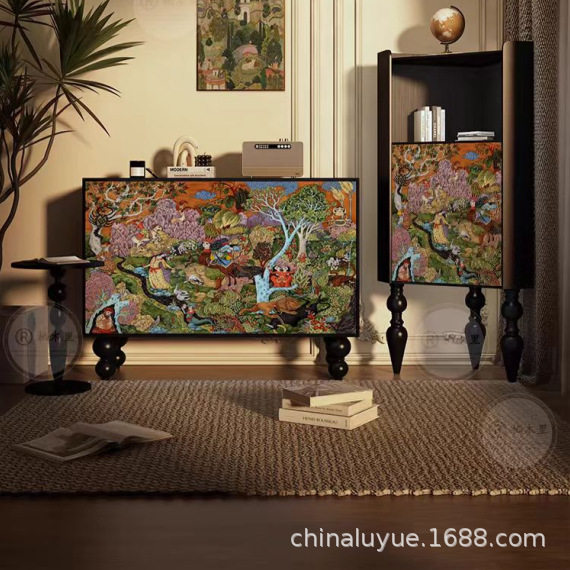 现代简约实木彩绘高脚储物柜