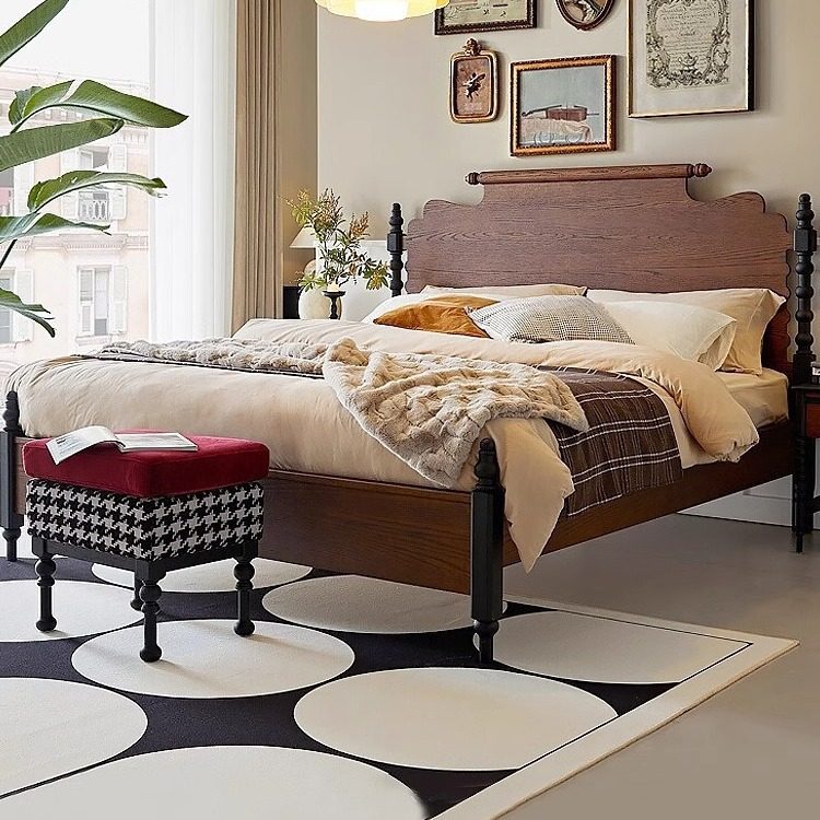 法式复古实木床1.8米国风卧室双人床小户型家用中古婚床木质大床