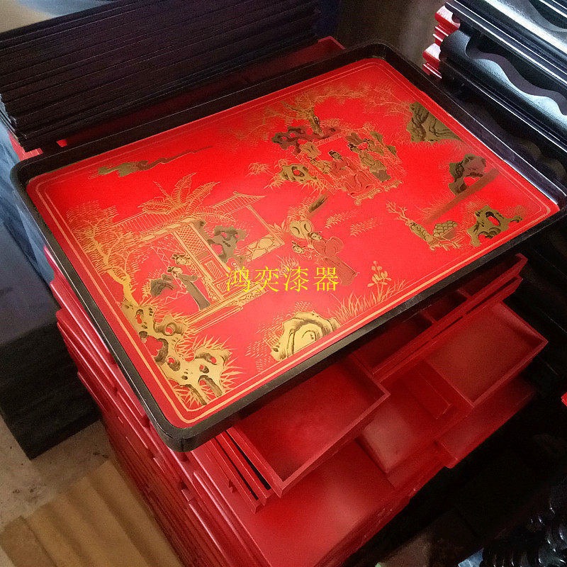 手工描金彩绘漆器红漆木托盘木质茶盘茶具收纳盘茶几摆盘欧式设计,电子元器件市场,电线扎带/束线带,淘宝优惠券,粉丝福利购,淘宝优惠卷