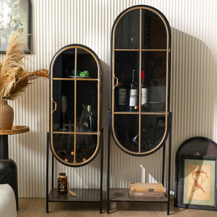 美式轻奢落地铁艺酒柜书房创意半圆钢化玻璃展示书柜带门防尘储物