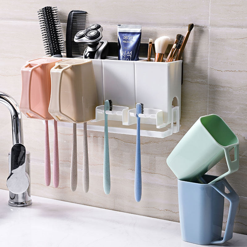 卫生间牙刷d架壁挂式漱口杯吸壁式牙缸牙具置物架套装免打孔刷牙