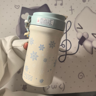 蓝色清新雪花保温杯吸管水杯冬季新款学生新款杯子便携咖啡杯