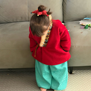 裤子休闲松石绿色宝宝加绒日常汉服灯笼裤冬季保暖百搭休闲裤