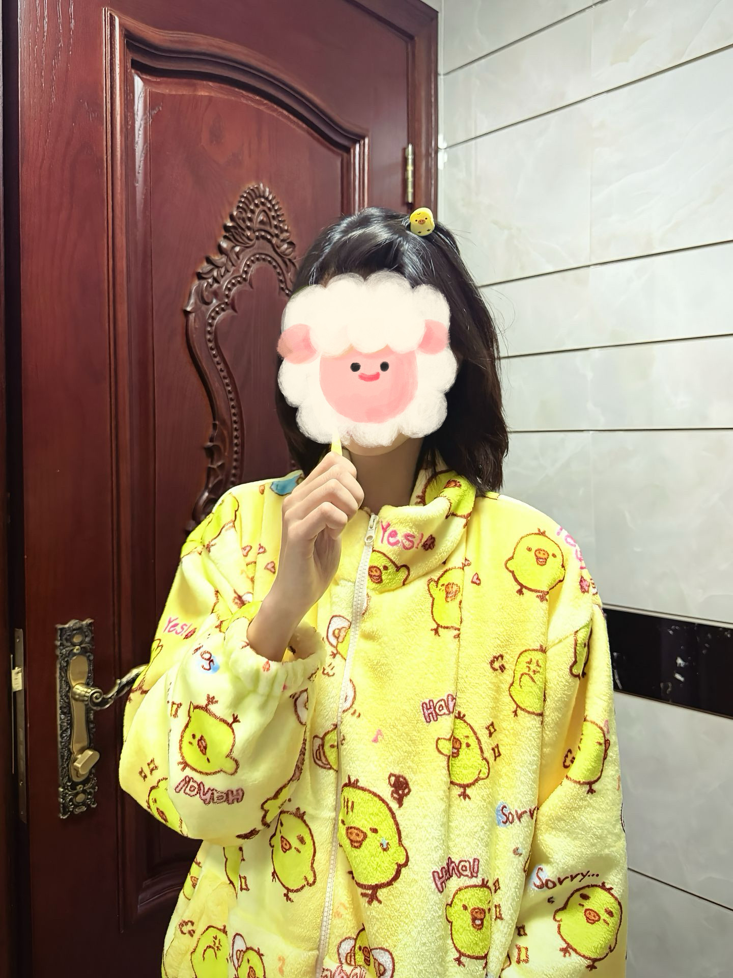 可爱卡通鼻孔小鸡冬季睡衣女加厚长袖家居服长裤黄色小黄鸡套装