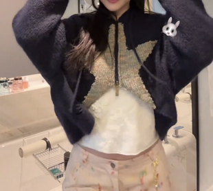 高级感星星连帽秋冬短款毛衣外套女毛针织开衫独特别致辣妹上衣潮