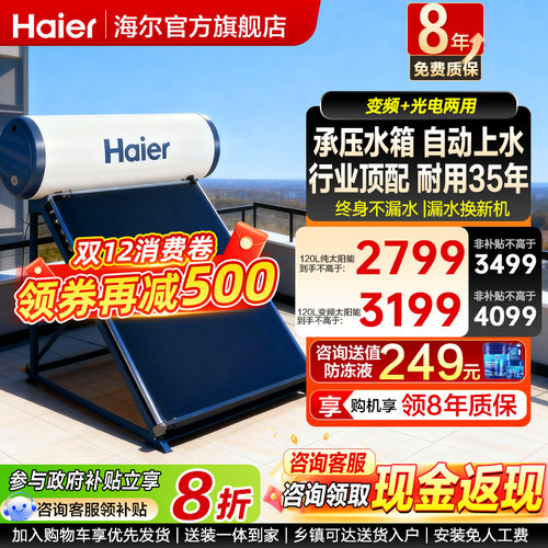 海尔新型太阳能150L热水器变频电加热一体家用平板式农村自建房PD