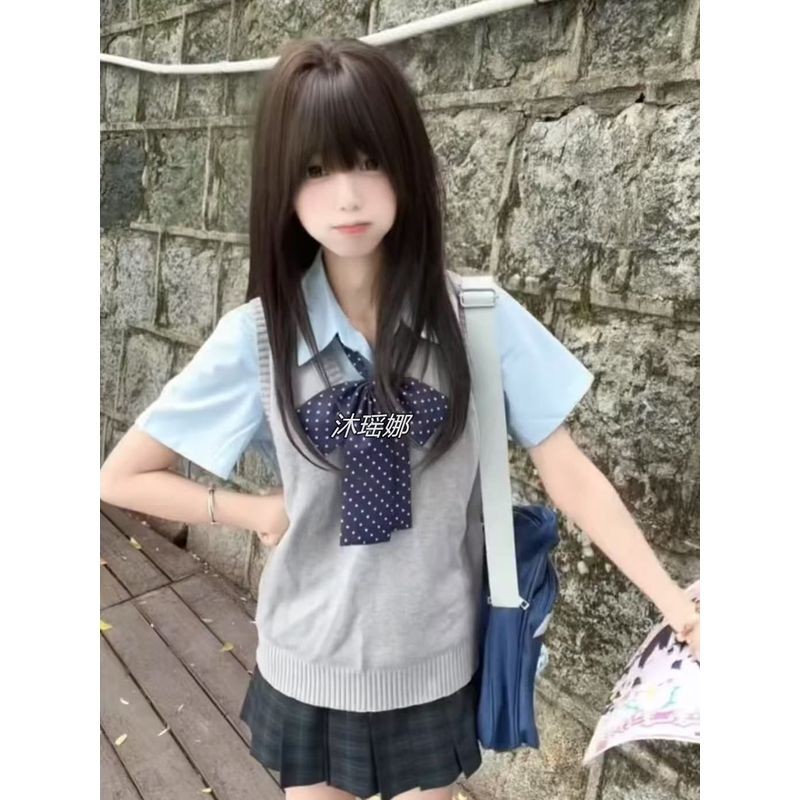 中大童装jk制服背心毛衣女孩短袖衬衫学院风校供海苔格裙短裙套装