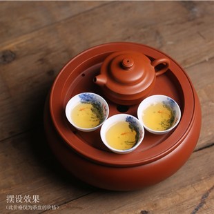 章氏义记h潮州朱泥8寸茶盘存水圆形小号迷你家居便携旅行茶 厚重