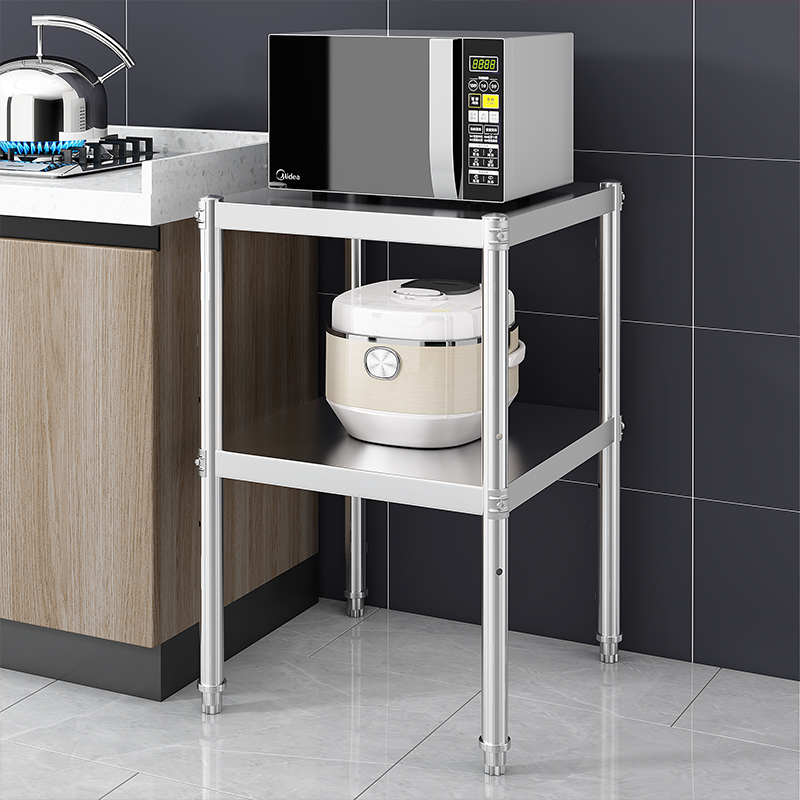 不锈钢正方形厨房置物架收纳架落地E微波炉家用双层储物墙角小架