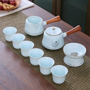 影青白瓷侧把壶功夫茶具套装家用整套礼盒泡茶P壶陶瓷盖碗茶杯茶