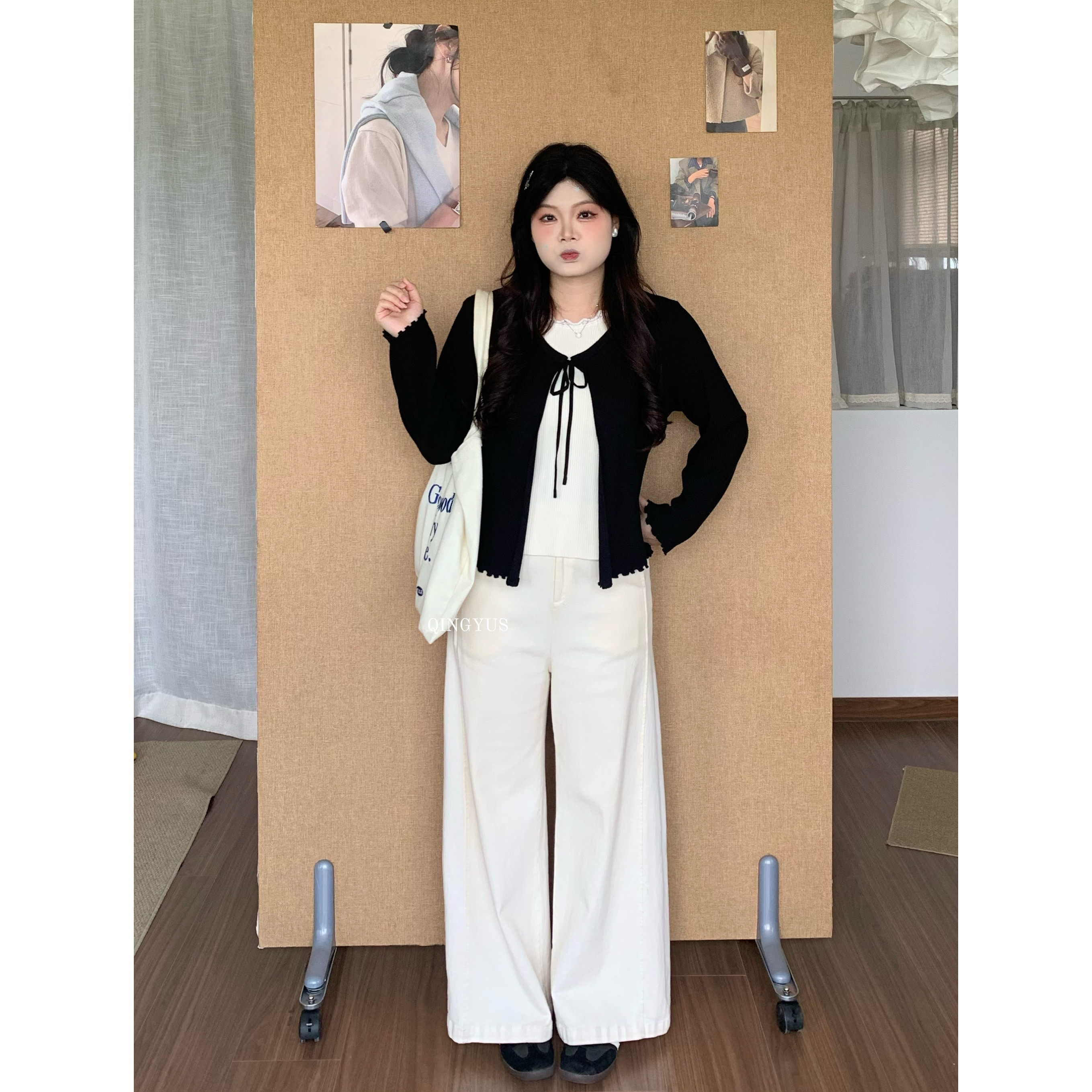 青屿衫-微胖大码秋季韩系甜美风减龄木耳边撞色假两件长袖针织衫