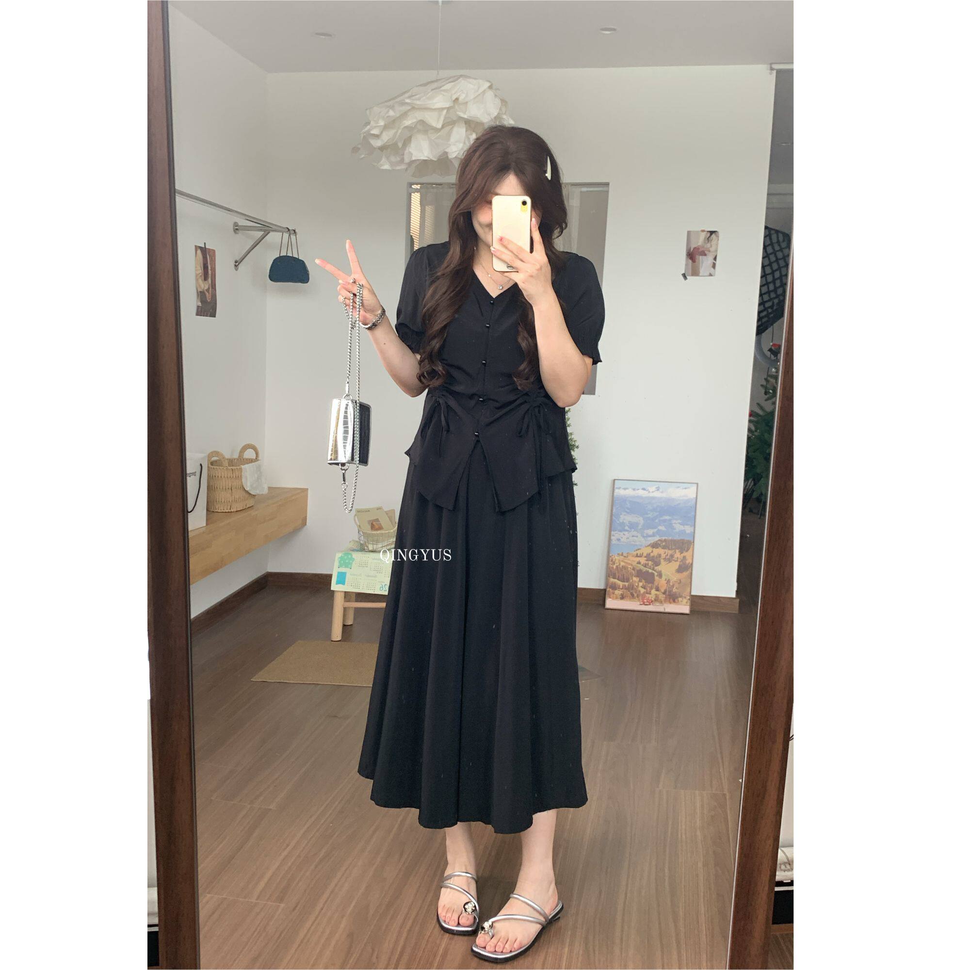 青屿衫-微胖夏季大码温柔风设计感抽绳遮胯上衣显瘦半身裙两件套