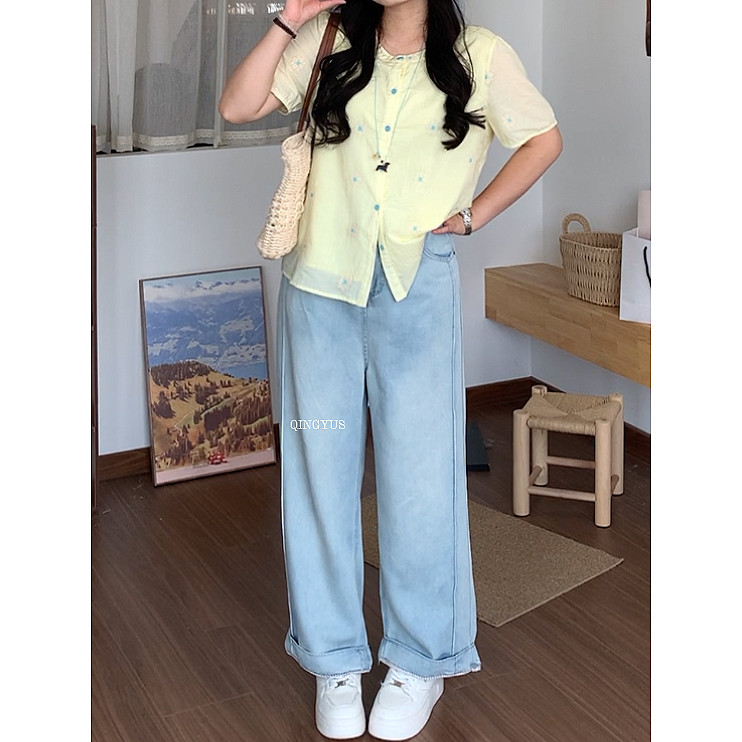 青屿衫-微胖夏季大码美式复古浅蓝色高腰直筒阔腿显瘦九分牛仔裤