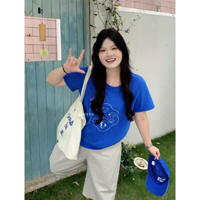 青屿衫「蓝调假日」微胖大码韩系减龄卡通印花宽松显瘦正肩T恤女