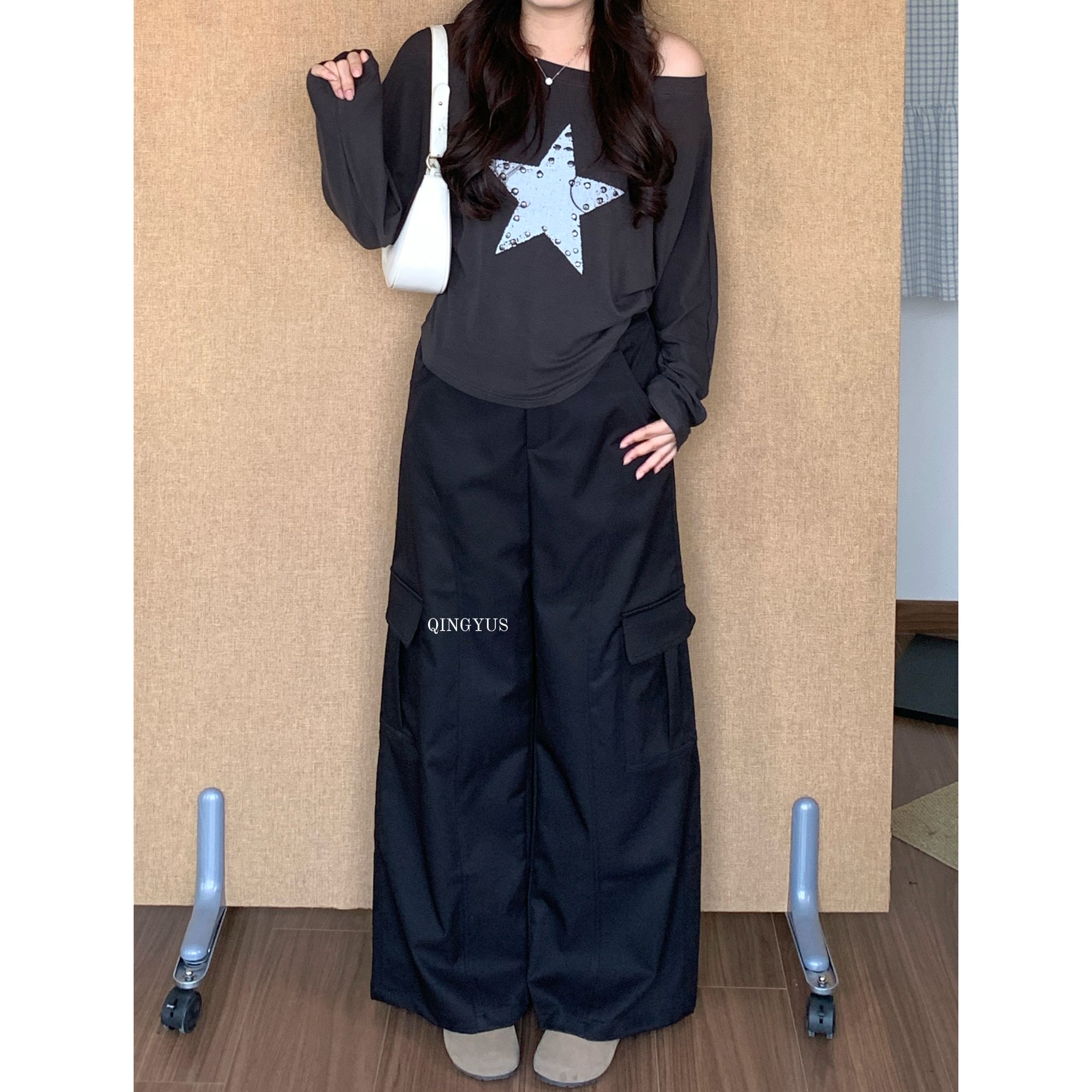 青屿衫-微胖秋季大码百搭宽松显瘦休闲工装裤直筒阔腿拖地长裤子