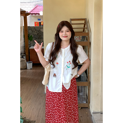 青屿衫-微胖夏季大码法式甜美减龄温柔风花卉印花木耳正肩衬衫女