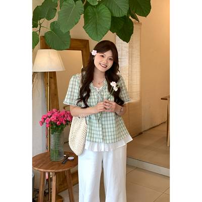 青屿衫-微胖夏季大码韩系甜美减龄木耳边格纹遮肉假两件正肩衬衫