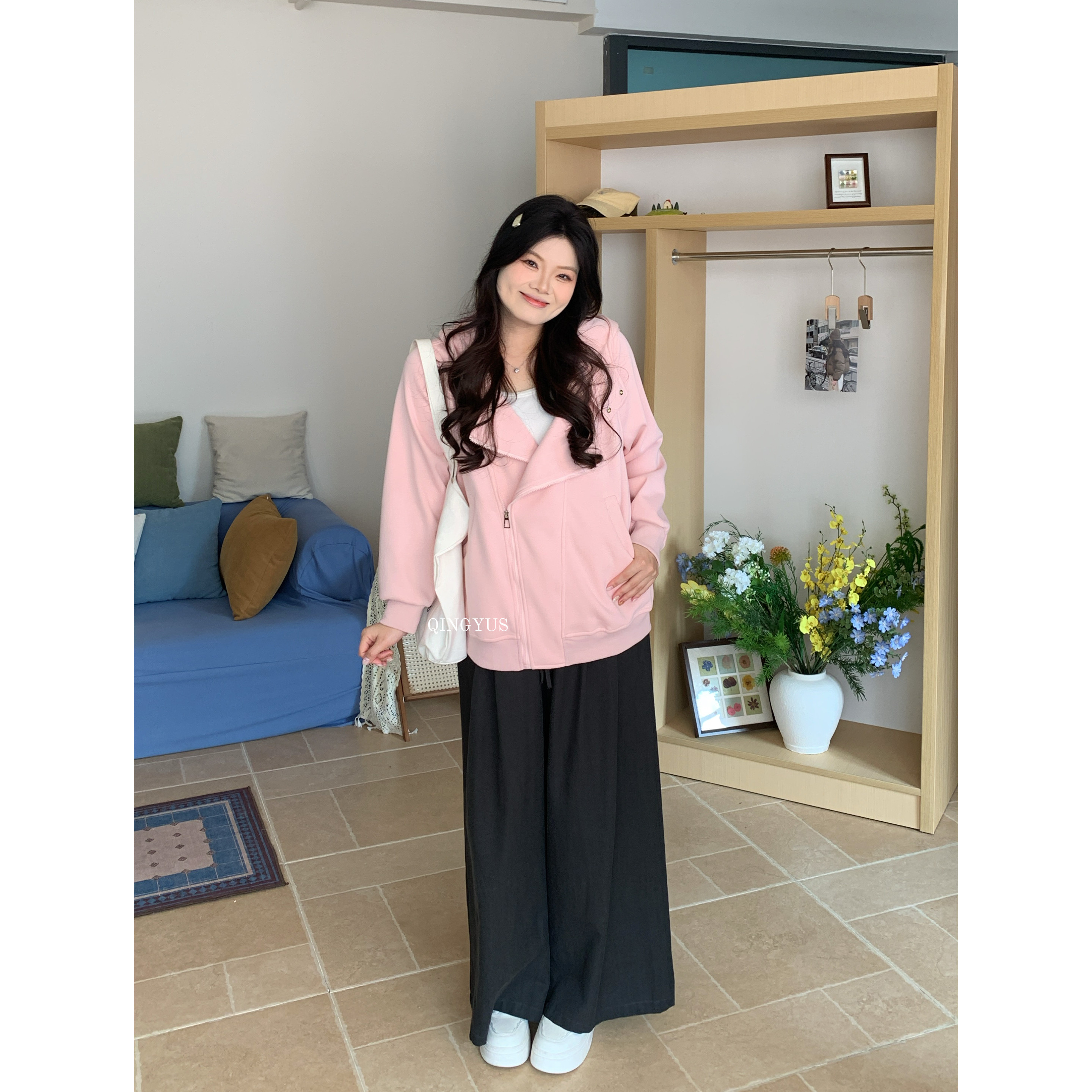 青屿衫-微胖大码秋冬美式甜酷风设计感宽松连帽厚款加绒卫衣外套