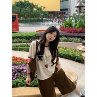 青屿衫「花间写意」微胖大码韩系百搭减龄撞色圆领正肩短袖T恤女