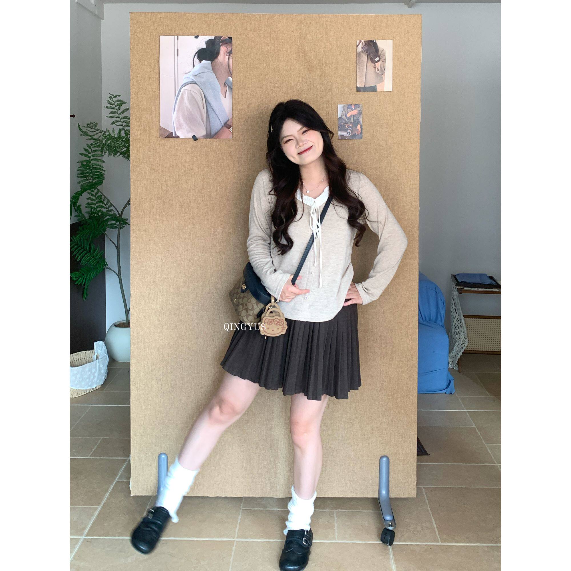 青屿衫-微胖大码秋季韩系甜美木耳边V领系带掐腰显瘦正肩长袖T恤