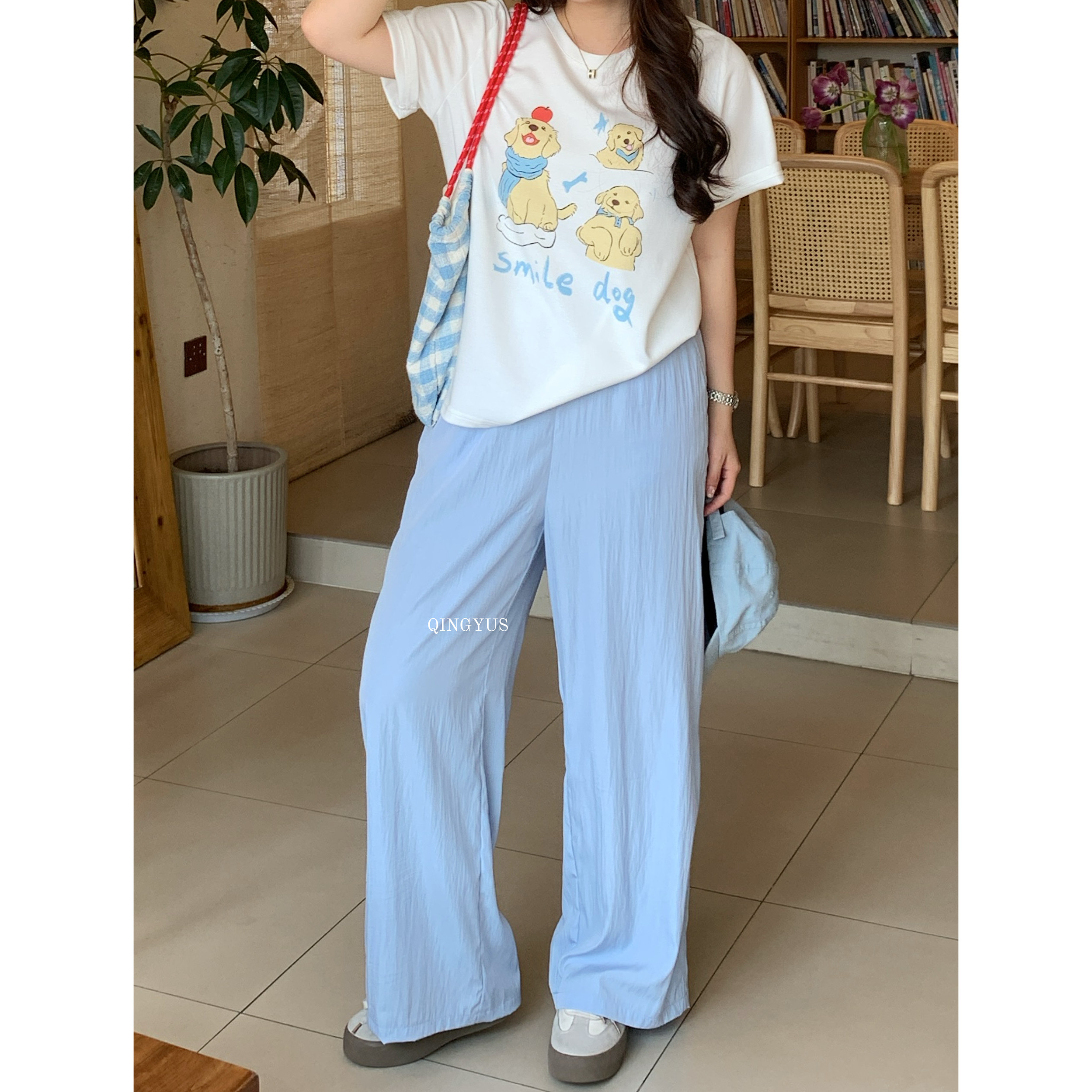 青屿衫-微胖夏季大码高腰蓝色奶芙山本裤子薄款松紧腰休闲阔腿裤