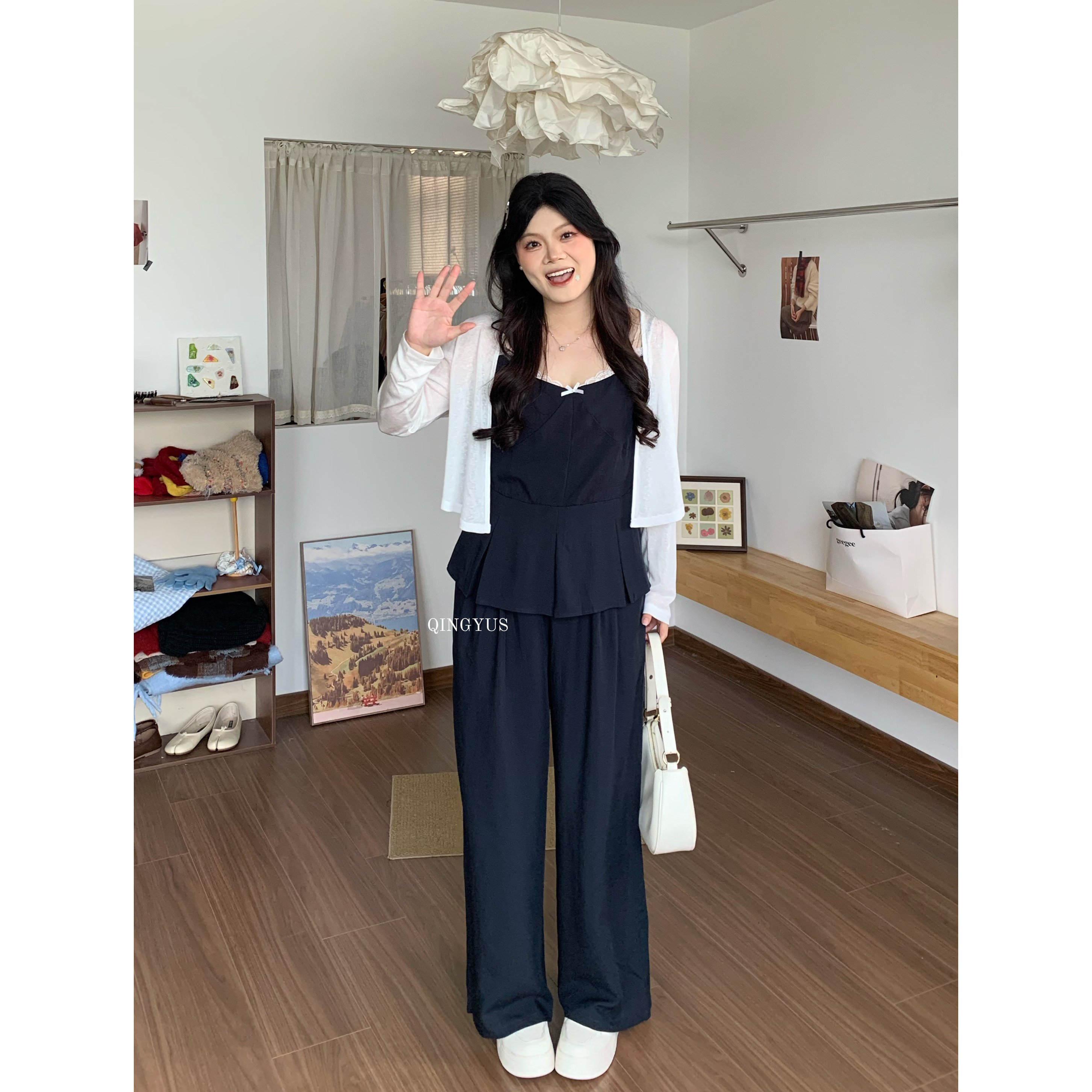 青屿衫-微胖早秋大码韩系高级感穿搭显瘦吊带开衫阔腿裤三件套装