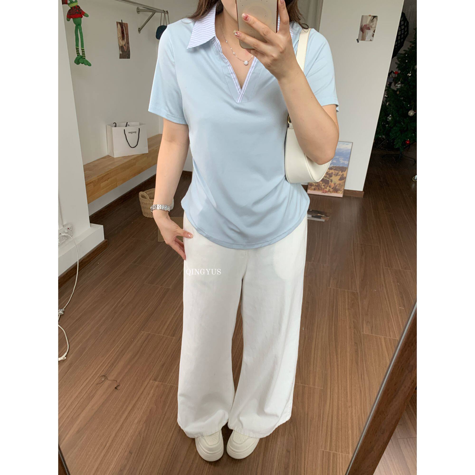 青屿衫-微胖夏季大码韩系学院风减龄撞色POLO领掐腰显瘦正肩T恤女