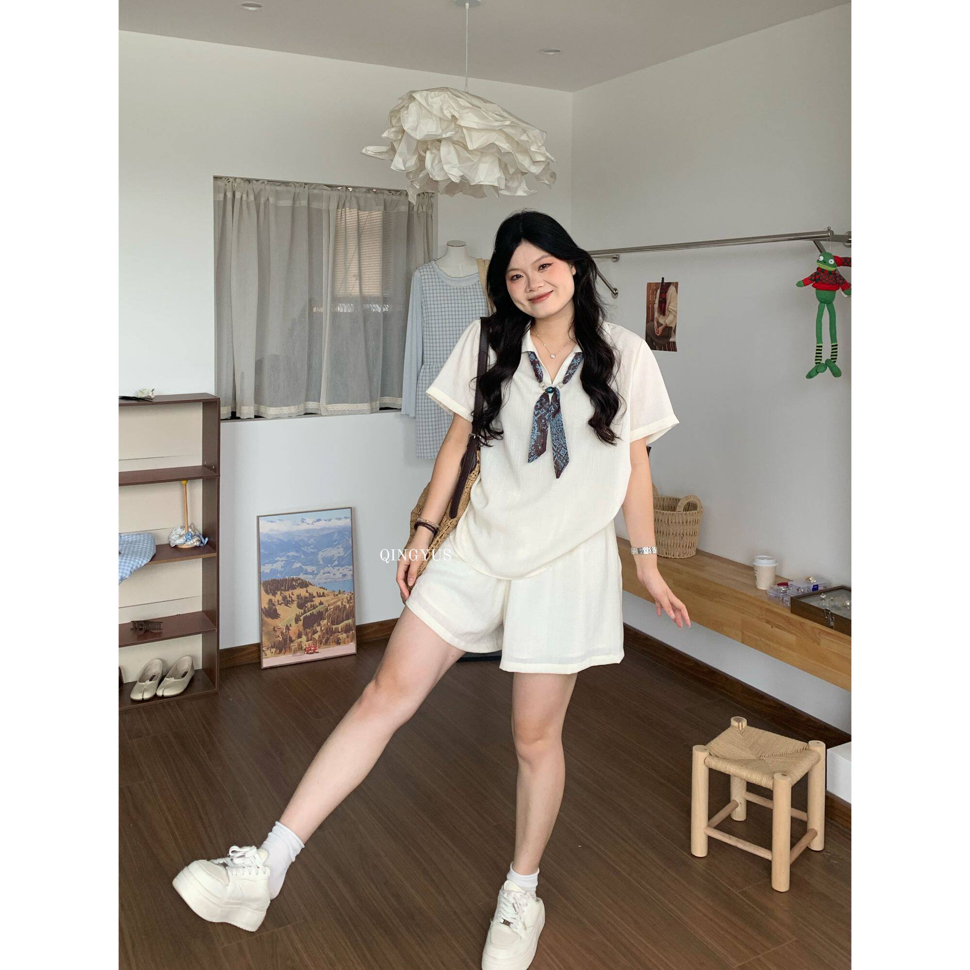 青屿衫-微胖夏季大码老钱风高级感宽松显瘦衬衫短裤休闲两件套装