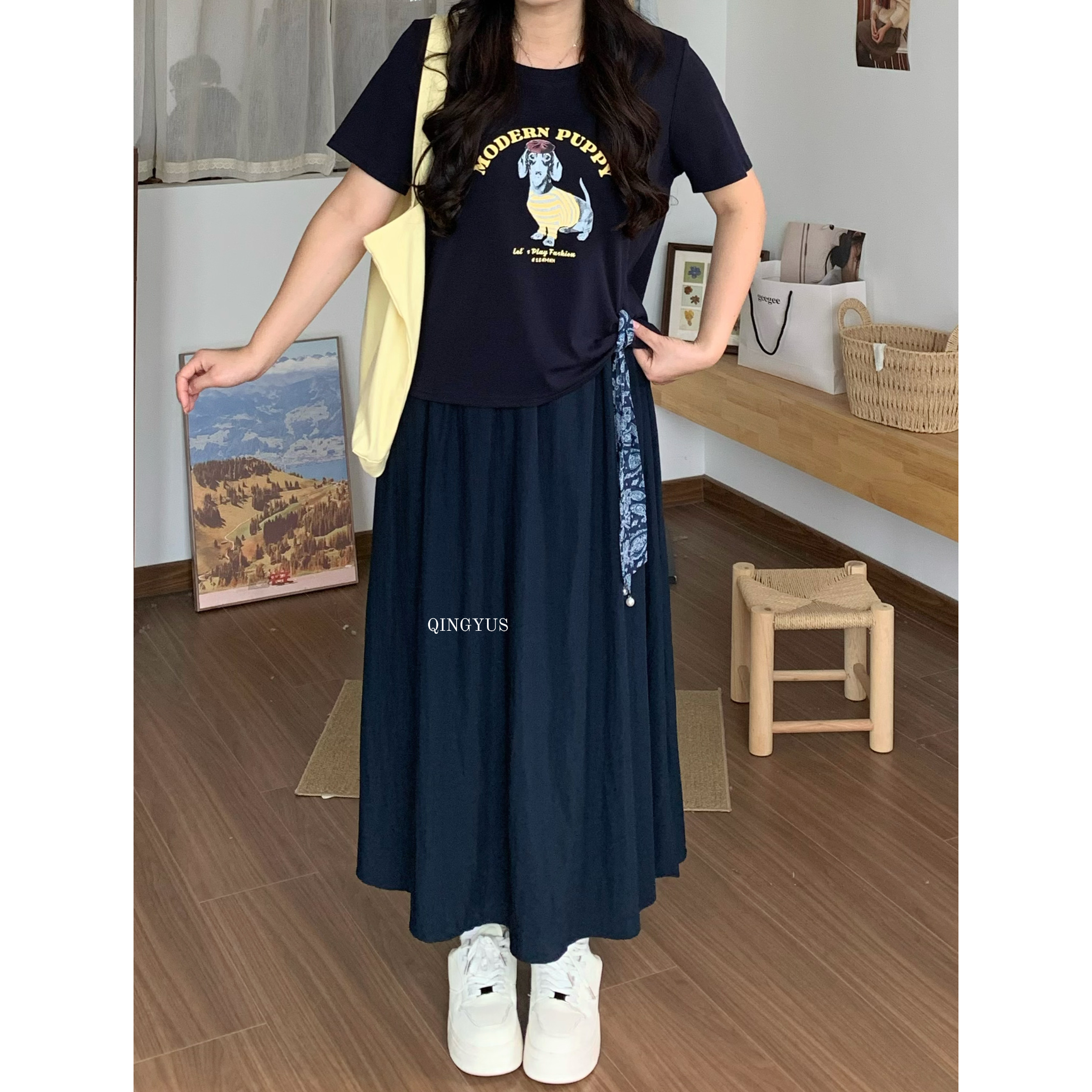 青屿衫-微胖夏季大码韩系百搭高腰显瘦半身裙遮胯垂感中长款A字裙