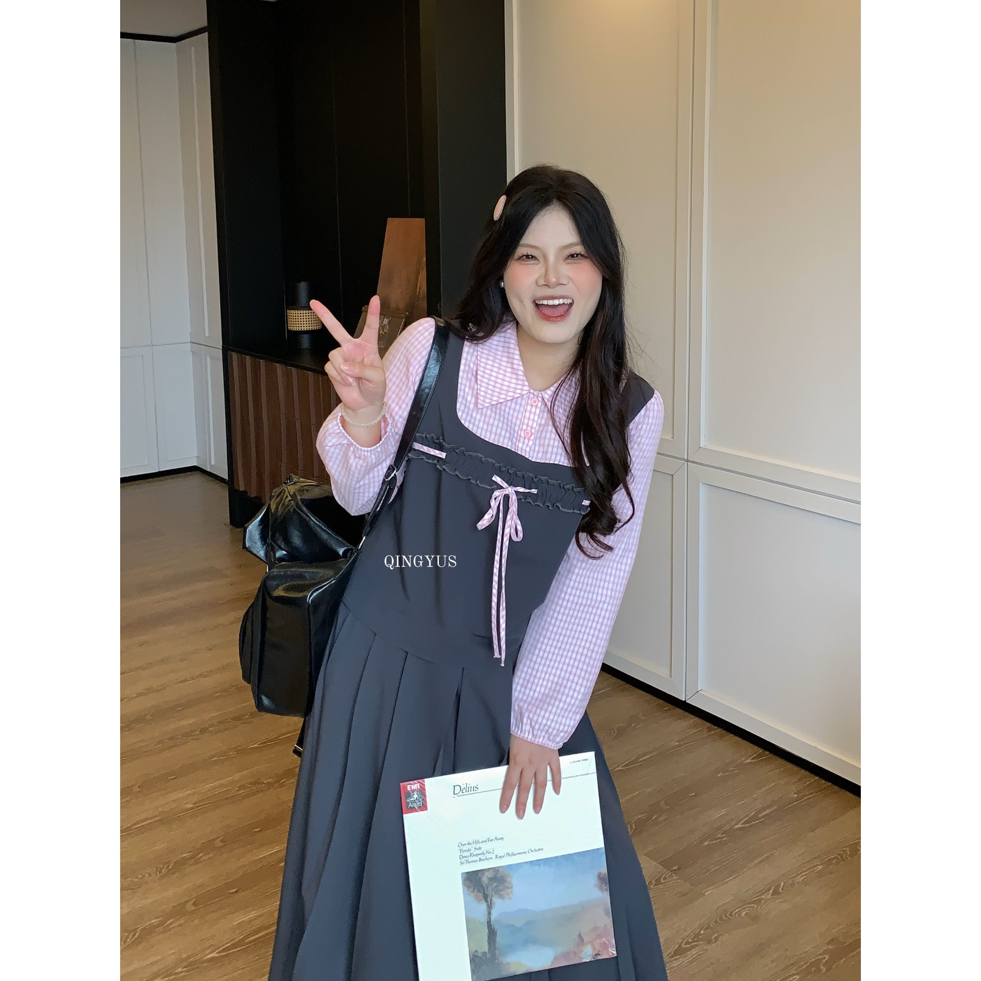 青屿衫「苏黎式少女」微胖早秋大码甜美减龄假两件衬衫百褶裙套装