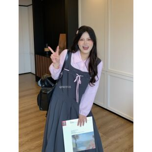 青屿衫「苏黎式少女」微胖早秋大码甜美减龄假两件衬衫百褶裙套装