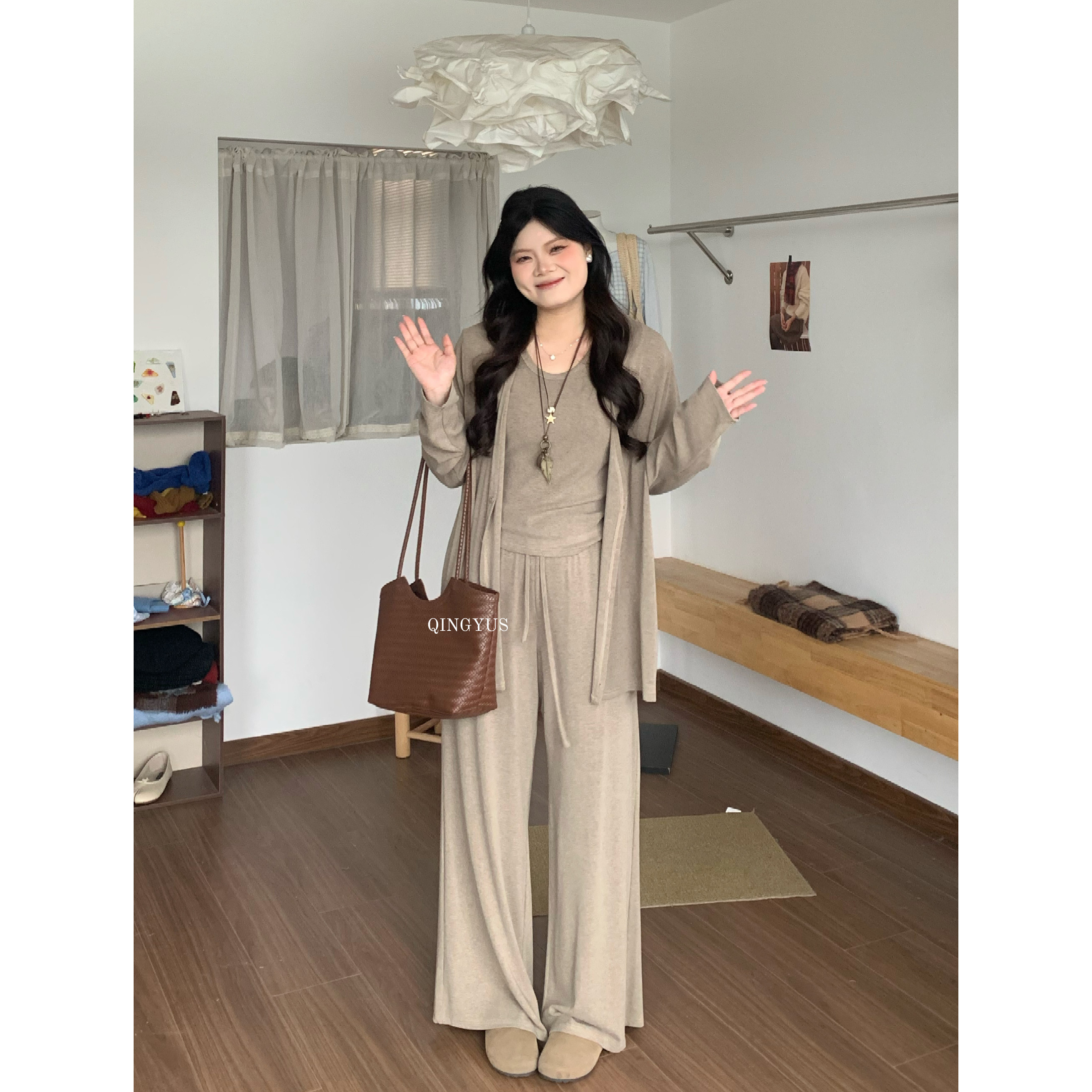 青屿衫-微胖大码秋季韩系松弛慵懒风休闲开衫背心阔腿裤三件套装