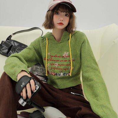 Girlyhalo美式覆古连帽针织毛衣女秋冬新款小众设计感插肩袖外套