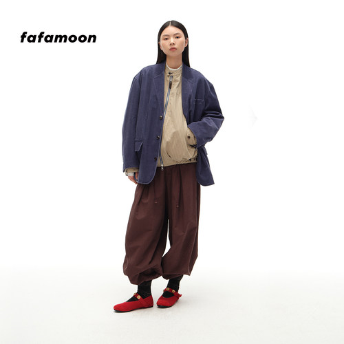 fafamoon设计师品牌秋冬女士水洗灯芯绒无领西装外套