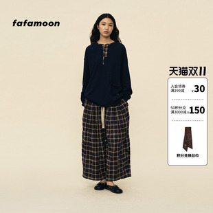 【2026春季新品】fafamoon设计师品牌 女士拼接门襟长袖T恤藏青色
