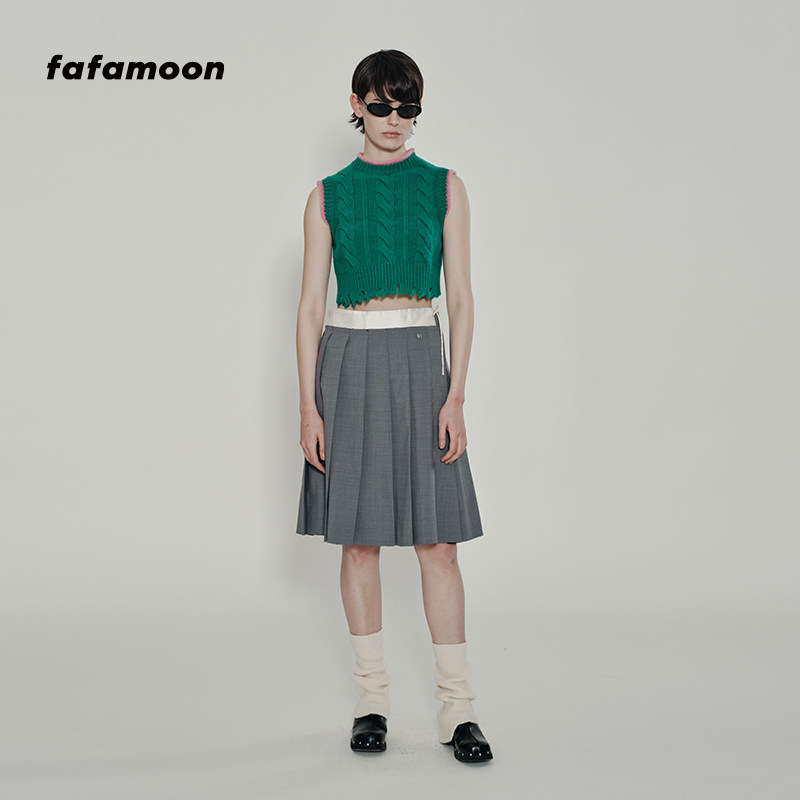 【fafamoon设计师品牌】夏季破坏下摆拼色麻花绿色修身背心马甲女