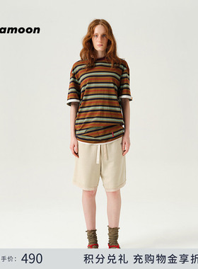 fafamoon设计师品牌 2025夏季新品女士休闲条纹破坏感LOGO短袖T恤