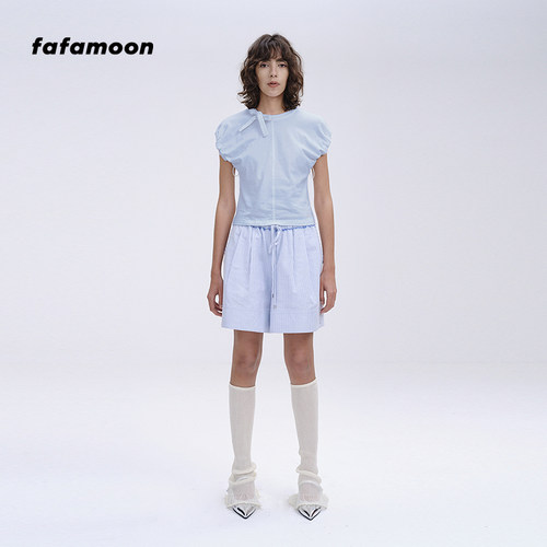 【fafamoon设计师品牌】时尚花苞型收腰蝴蝶领结T恤优雅短袖衫女