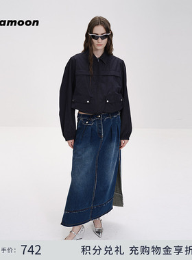 fafamoon设计师品牌 夏季百搭双开衩毛边纯色牛仔裙中长款半身裙