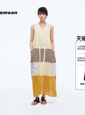【2026早秋新品】fafamoon设计师品牌真丝亚麻刺绣拼接无袖长裙