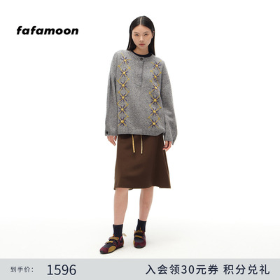 【博主同款】fafamoon2025秋冬新品 半开襟圆领嵌花保暖毛衣女