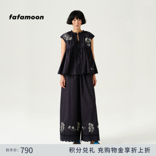 刺绣衬衣女 衬衫 fafamoon设计师品牌夏季 蕾丝棉质系带无袖