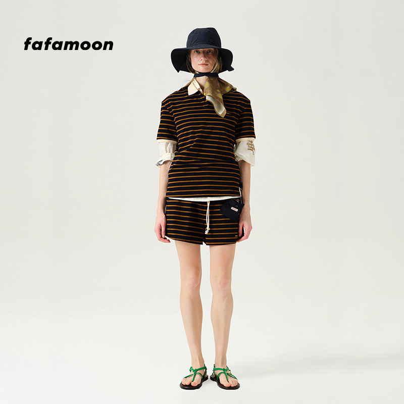 fafamoon设计师品牌夏季条纹短袖Polo衫运动休闲T恤女