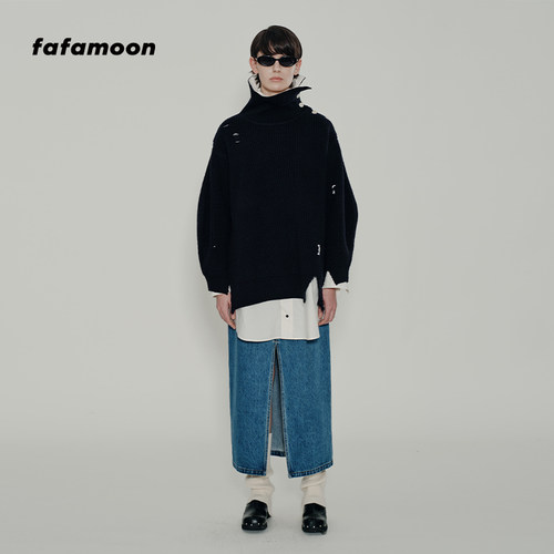 【fafamoon设计师品牌】冬季假两件宽松针织两件式破洞廓形毛衣女