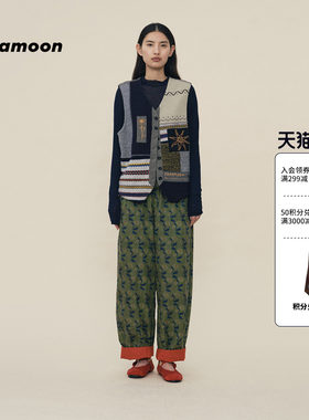 fafamoon设计师品牌秋冬女士宽松复古针织拼接马甲