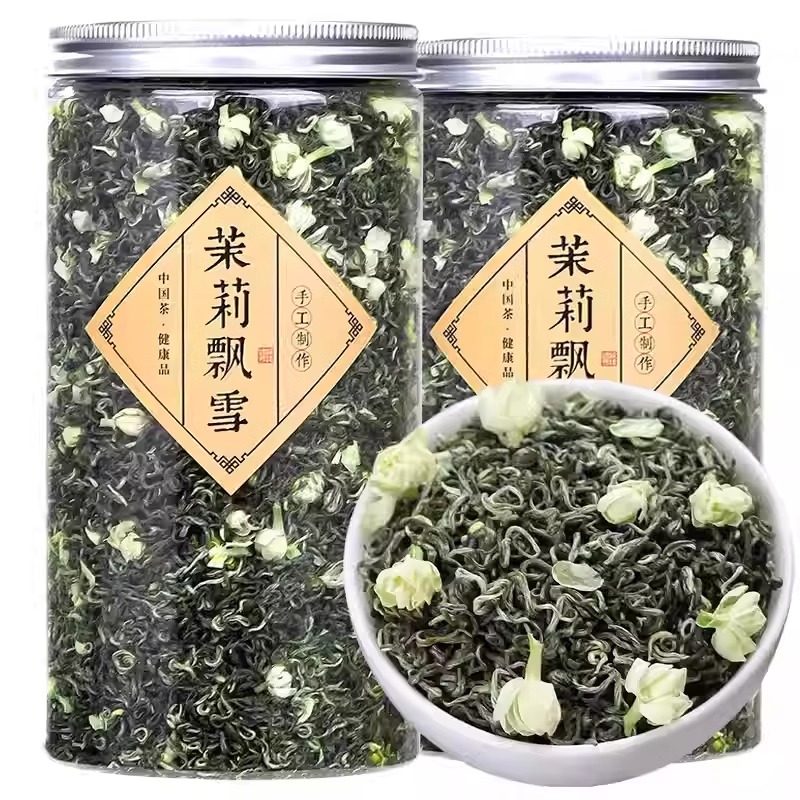 2025年新茶叶茉莉飘雪浓香茉莉花茶绿茶碧螺春散装500g罐装造佰草